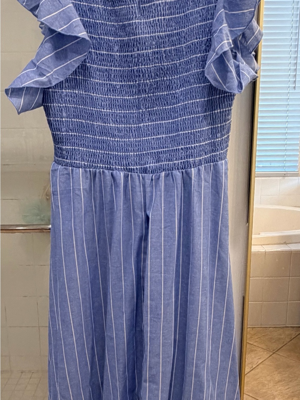 Girls Blue Smocked Stripe Dress with Ruffle Sleeves